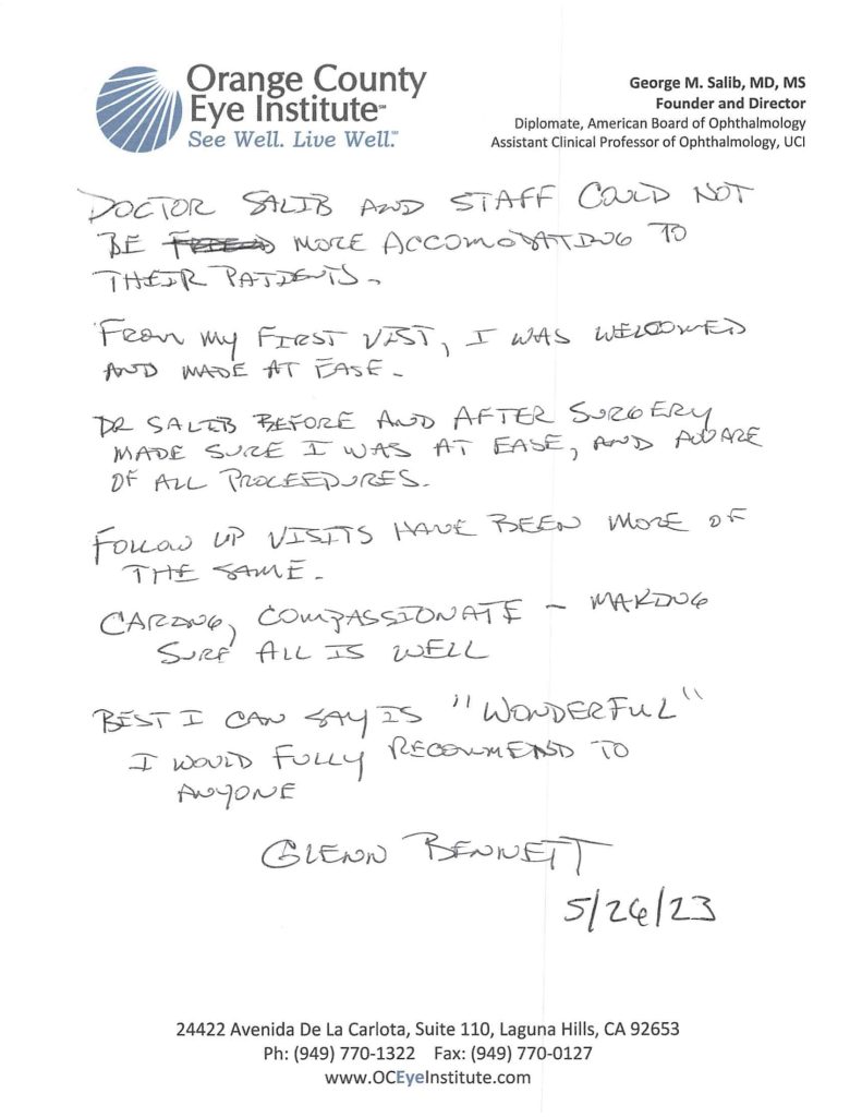 Bennett Glen Testimonial Letter Website 1 - Ophthalmologist Laguna Hills and Santa Ana