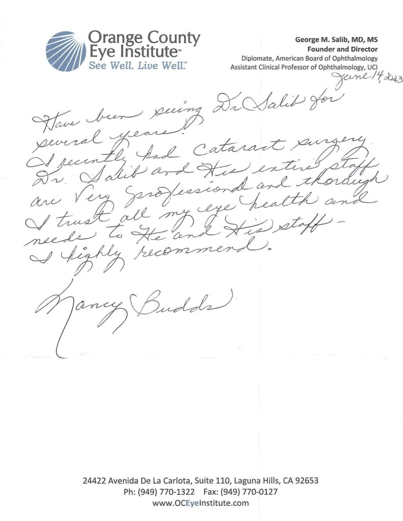 Budds Nancy Testimonial Letter Website 2024 1 - Ophthalmologist Laguna Hills and Santa Ana