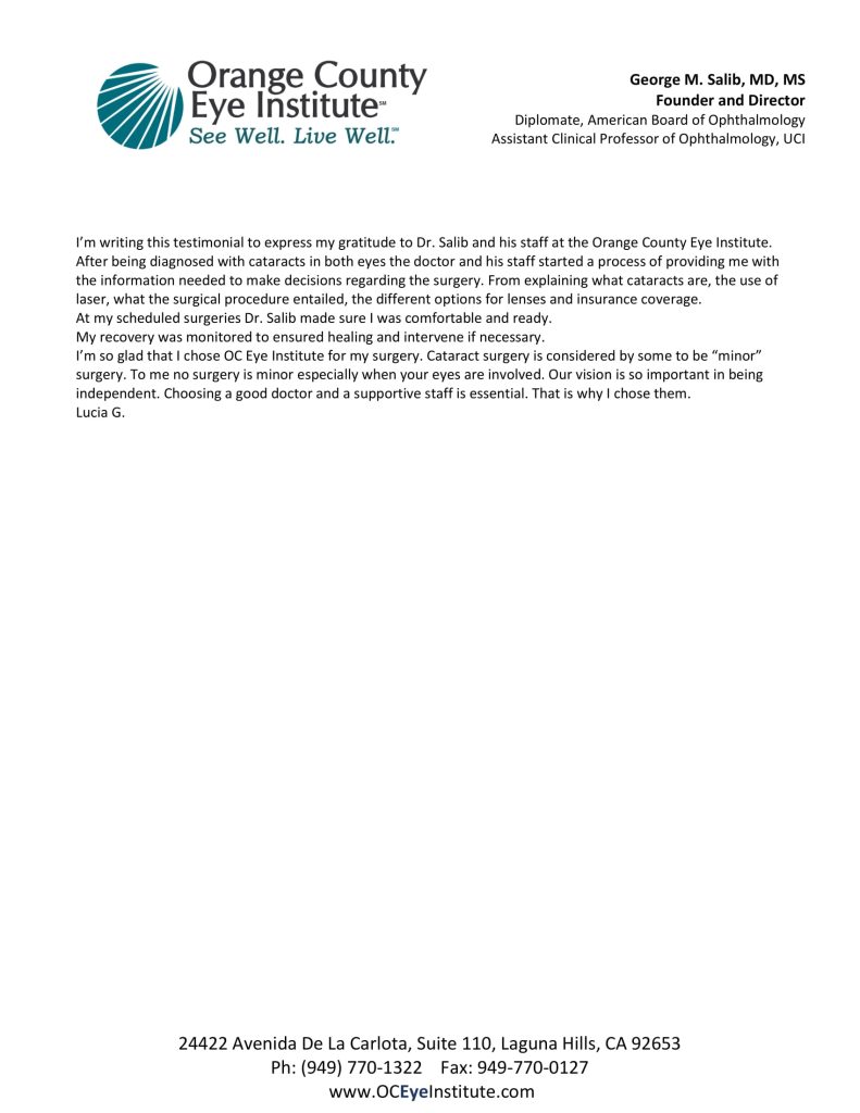 Gunchin Lucia Written Testimonial Pt Emailed Copy 1 - Ophthalmologist Laguna Hills and Santa Ana